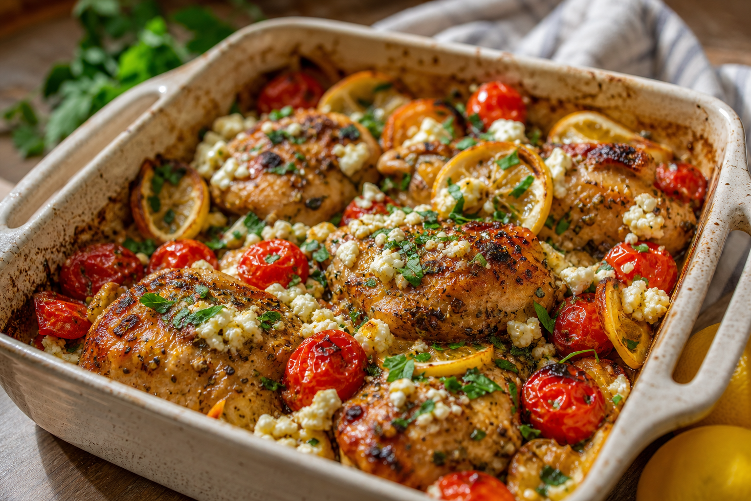 Lemon feta chicken tray bake with roasted cherry tomatoes.
